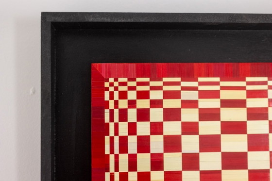 Image 1 of Pair of panels in red and gold straw marquetry. Contemporary.