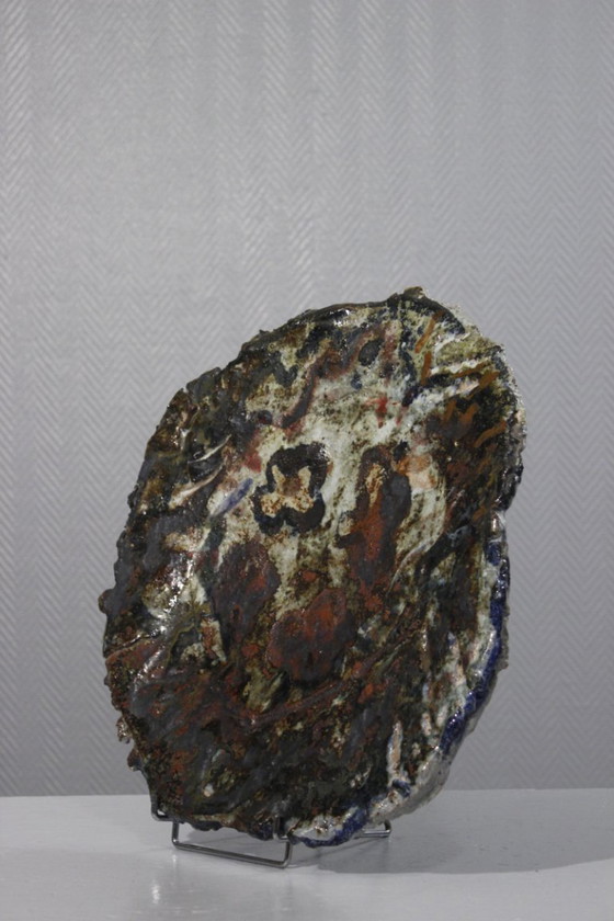 Image 1 of Large Glazed Stoneware Dish Polychrome Art Brut Abstract Brutalist XXth Century