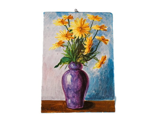 Signed Italian Faience Wall Tile by Aconte, Hand Painted Floral Still Life, Made in Italy Vintage Ceramic Art