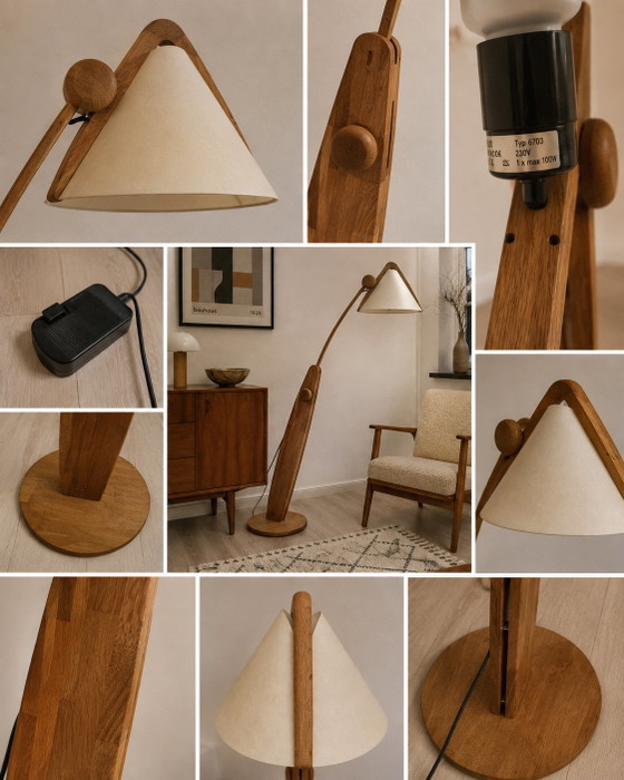 DOMUS 6703 – Zeldzame verstelbare eikenhouten vloerlamp | Vintage Duits design – Vloerlampen, Paper, Wood (photo 3 of 14)