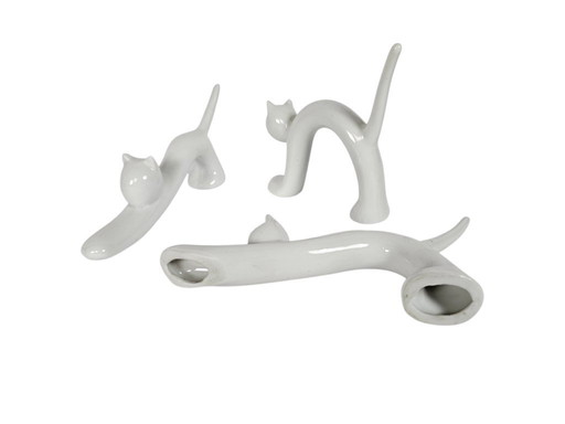 Vintage - Naaman Porcelain Factory - Israel - White - Cast Porcelain - Stretching cats (3) - Sculpture - Statue