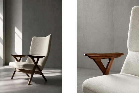 Image 1 of Poltrona alta vintage in teak e tessuto bouclé bianco, stile moderno norvegese di metà secolo, anni '60.