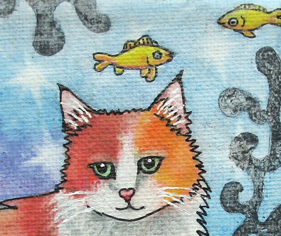 Image 1 of Tableau super mignon peint à la main d'un chat roux et orange