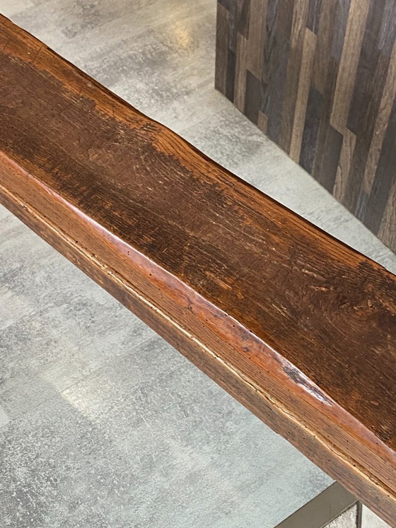 Image 1 of Twee massief eikenhouten boerenbanken van 214 cm voor een rustieke boerentafel uit de jaren 50.
