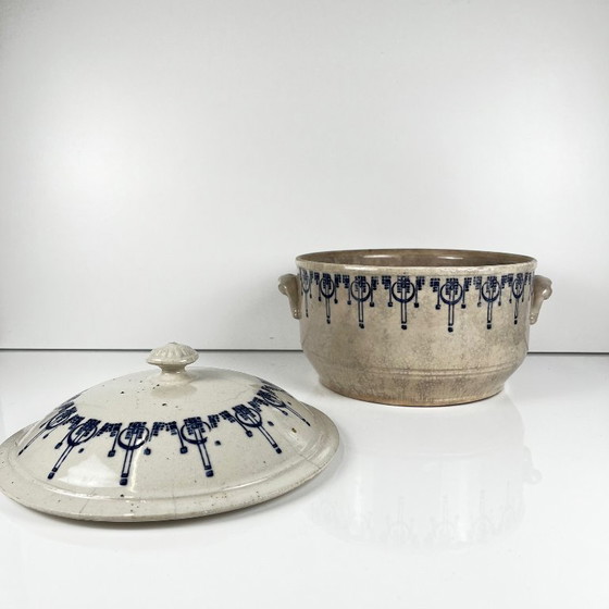 Antica bouillotte / cocotte in gres di Saint Uze, decoro blu, inizio XX secolo – Stoviglie, Ceramica (photo 8 of 14)