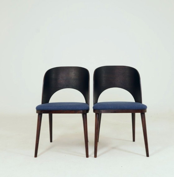 Image 1 of Vintage dining chairs set of 6 oak wood & blue wool