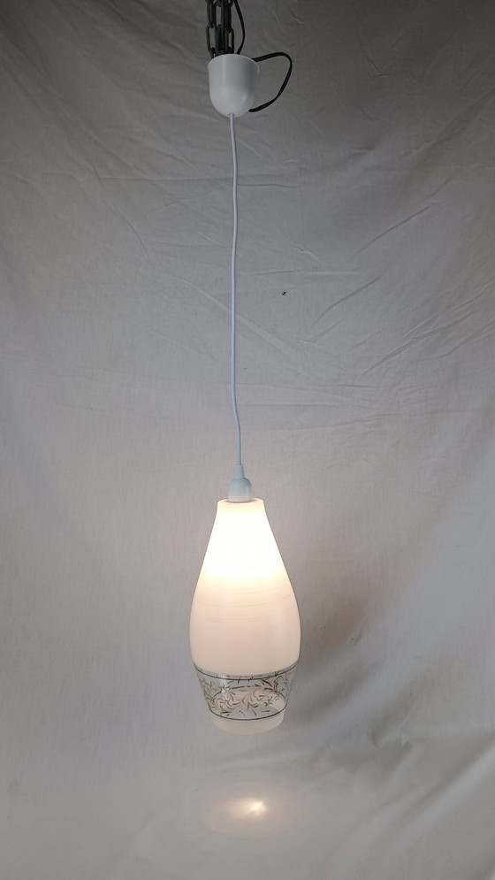 Image 1 of Lampada a sospensione da soffitto LUNEL Lanterna testurizzata in vetro bianco, stile vintage di metà secolo