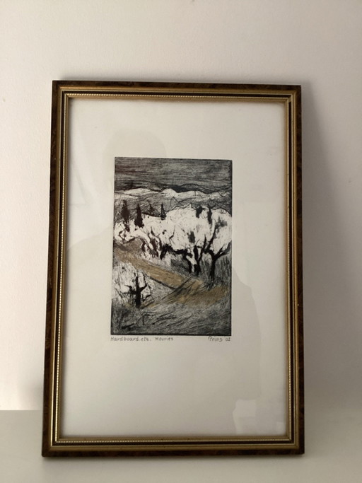 Incisione espressiva su masonite “Mouries” Paesaggio francese - Prins (2002). Cornice in legno di lusso inclusa. (31x21).