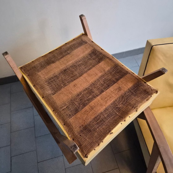 Image 1 of Pair of Vintage 1950s Armchairs with Compass Legs, Beech & Yellow Vinyl, 50s Rockabilly Style