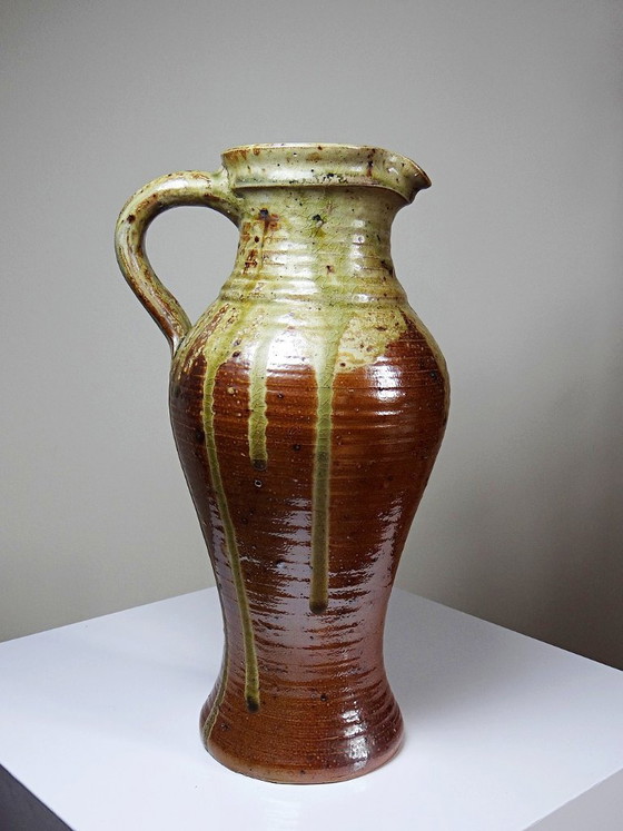 Image 1 of Impressive French stoneware pitcher from the 1960s-70s with a Japanese-inspired ash glaze