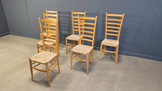 Image 1 of Set of 6 Beech wood italian ladder back chairs, 1970s