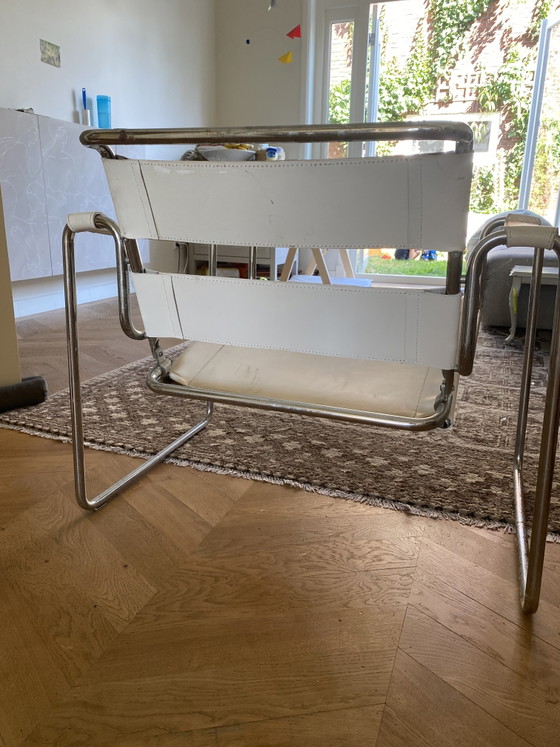 Fauteuil tubulaire Bauhaus vintage | cuir blanc et acier chromé | années 70/80 – Chrome, Leather (photo 3 of 6)