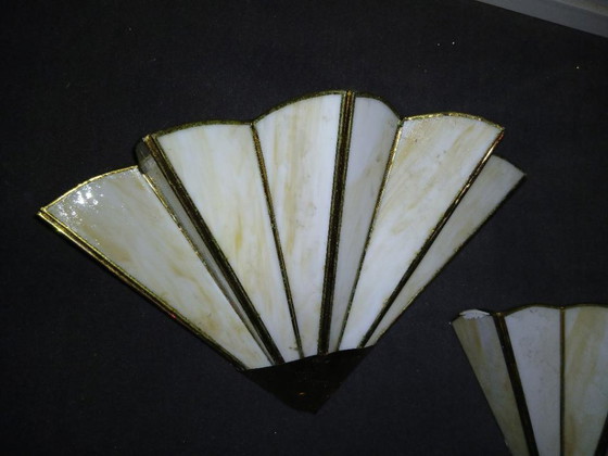 Image 1 of 2 TIFFANY-STYLE ART DECO FAN-SHAPED WALL LIGHTS IN VINTAGE GLASS PASTE