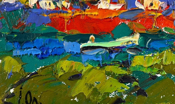 Image 1 of Original Oil Painting Colorful Autumn Landscape Under yellow leaves