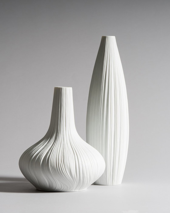 Image 1 of Martin Freyer für Rosenthal Studio-Line: Skulpturale weiße "Plissée"-Porzellanvasen, Deutschland, 1968 - Satz von zwei