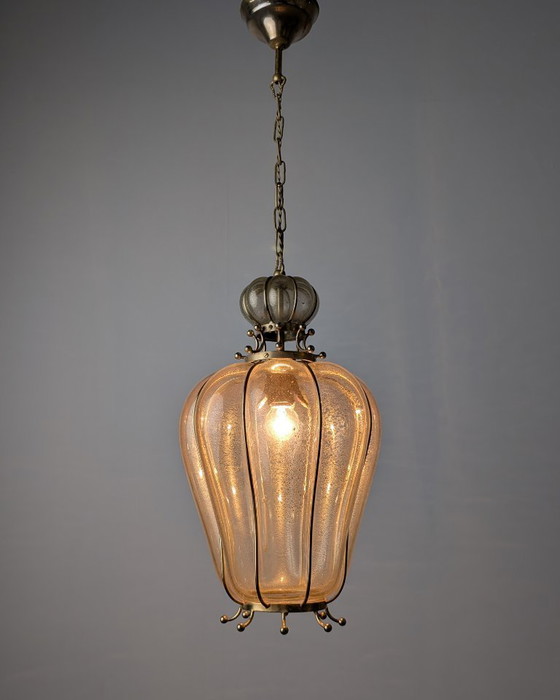Image 1 of Handgeblazen lantaarn van Murano-glas van Barovier & Toso met 24-karaats goud en messing, jaren 60.