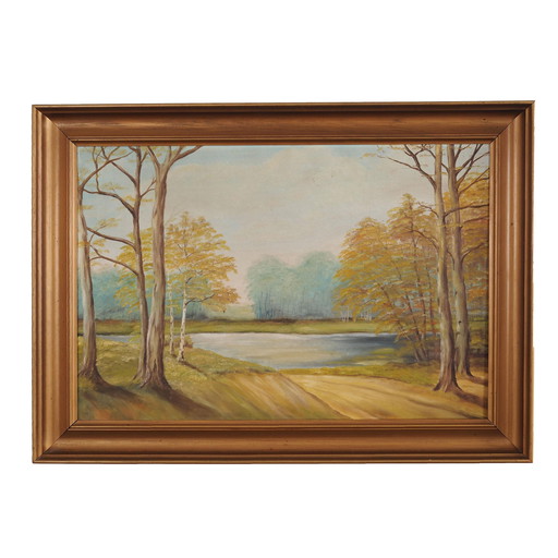Peinture "Deux bouleaux près de l'étang", design scandinave, années 1970