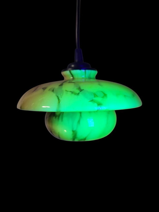 Lampada a sospensione in vetro verde uranio o anna, modello raro, Scailmont, Art Déco