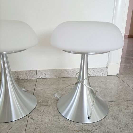 Set of two mushroom Table lamps, white and silver-colored, Steinhauer, Glass, Metal, Modern (photo 3 of 6)