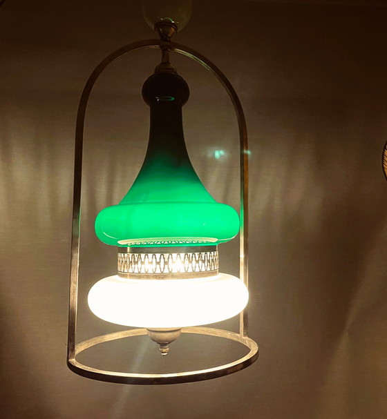 Image 1 of Portuguese Mid Century Modern Green Opaline Milk Glass Chandelier for High Ceilings, 1940s-50s