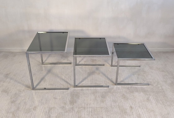 Image 1 of 😍✨ Set of 3 vintage chrome and smoked glass nesting tables, Roche Bobois / Guy Lefèvre style – 1970s ✨😍