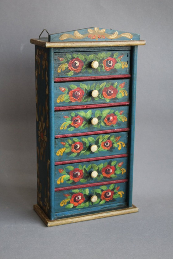 Image 1 of Jewelry cabinet, spice cabinet made of solid wood with drawers, hand-painted in a folk art style.