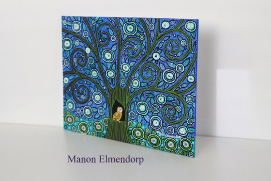 Image 1 of Unique Hand-Painted Painting Tree with Owl New