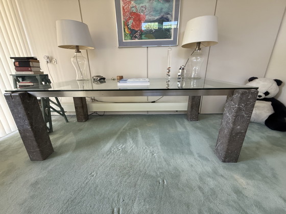 Image 1 of Table à manger Faraone verre/marbre/acier par Renato Polidori pour Skipper