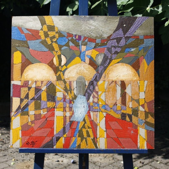 Image 1 of Jean Besnard (1922-2007) Huile sur carton abstraction géométrique Op Art 1981