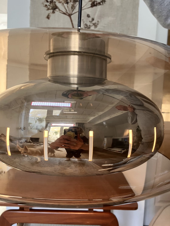 Image 1 of Vintage Space Age 70s pendant lamp Herda / smoked glass aluminum