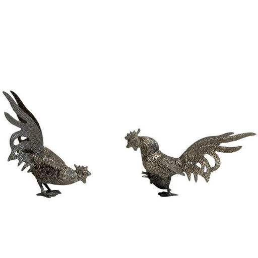 Set Thaise Metalen Hanen – Decoratieve Beeldhouwkunst (20e Eeuw)