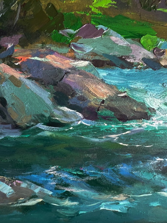 Image 1 of Dipinto ad olio originale. Pesca estiva in un fiume di montagna.