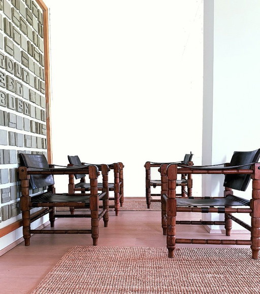 Vintage „Safari“Lounge Sessel 4er Set. Norik Voskanian . Tabriz . Iran . Holz . Leder . Brutalist . California Boho . 60er 70e