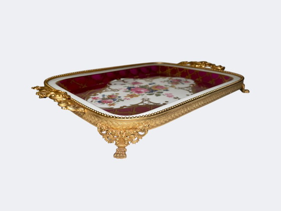 Image 1 of French Limoges Porcelain and Gilt Bronze Perfume Tray - Vintage Floral Vide Poche Handpainted Orleans Decor 