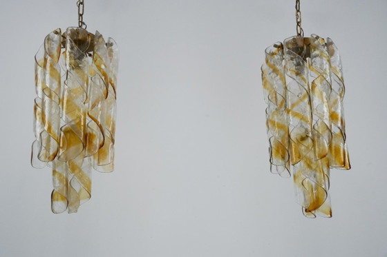 Image 1 of Een paar vintage Torciglione Murano glazen kroonluchters van Mazzega. Italië, jaren 70.