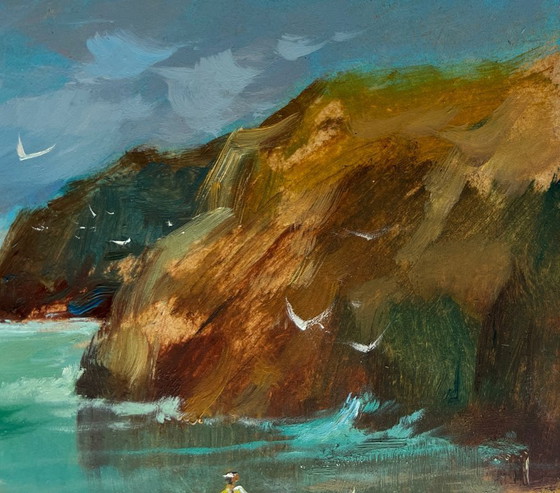 Image 1 of Original Oil Painting Sea Rock Landscape Great Day to Go Fishing