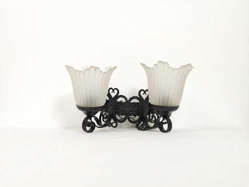Vintage 1970s Double Sconce: Frosted Tulip Glass, Ornate Black Metal Lighting