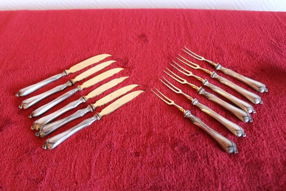 Set messen en vorken voor fruit., Besteksets, Zilver, Gold (foto 2 van 15)