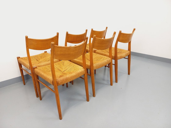 Image 1 of Suite de 6 chaises vintage italiennes en teck et corde danoise Gessef Consorzio Sedie Friuli