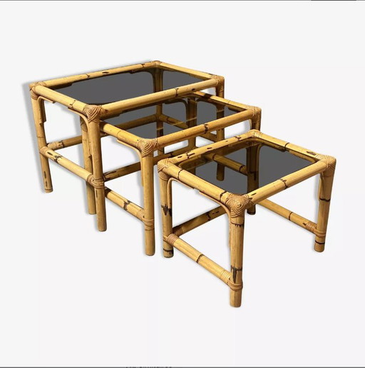 Bamboo and Smoked Glass Nesting Tables