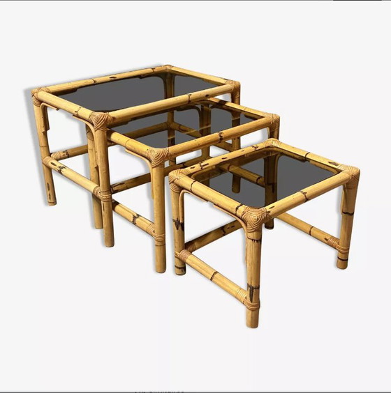 Image 1 of Bamboo and Smoked Glass Nesting Tables