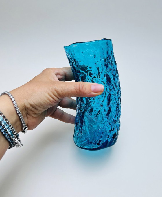 Image 1 of Vintage textured frosted glass vase, mid-century modern look, bark glass, Ingrid Whitefriars Bark turquoise blue
