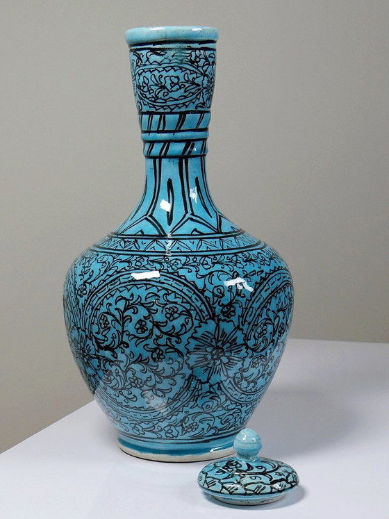 Image 1 of Covered vase or Persian jar, glazed Iznik pottery, turquoise painted, vintage