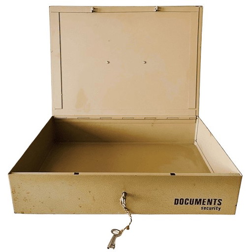 Caja fuerte industrial vintage para documentos, caja de acero, cofre de dinero de acero color beige con asa y llave, años 80.