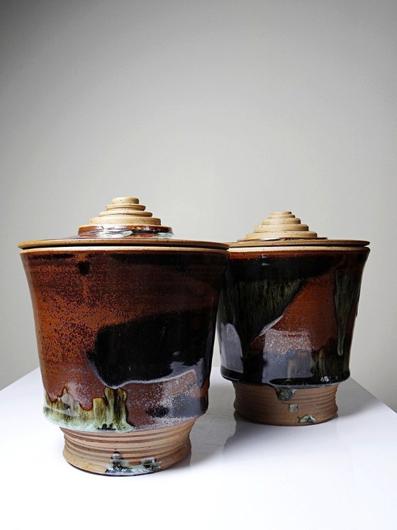 Image 1 of Pair of vintage 80s-90s Japanese-style stoneware pots from Studio Poterie, handcrafted and signed