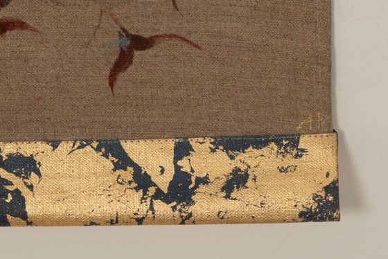 Image 1 of Canvas painted with a peacock on a branch. Contemporary work.