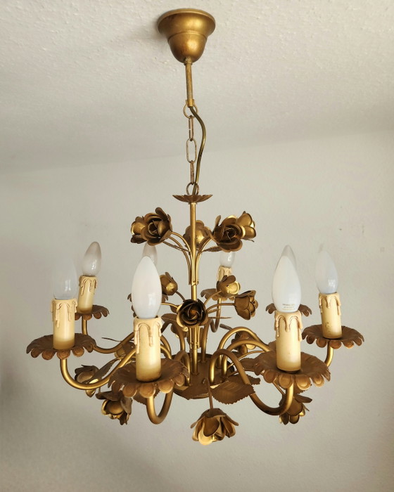 German Hollywood Regency Honsel chandelier, 8-arm, gold-plated, floral, 1970s – Metal (photo 7 of 15)