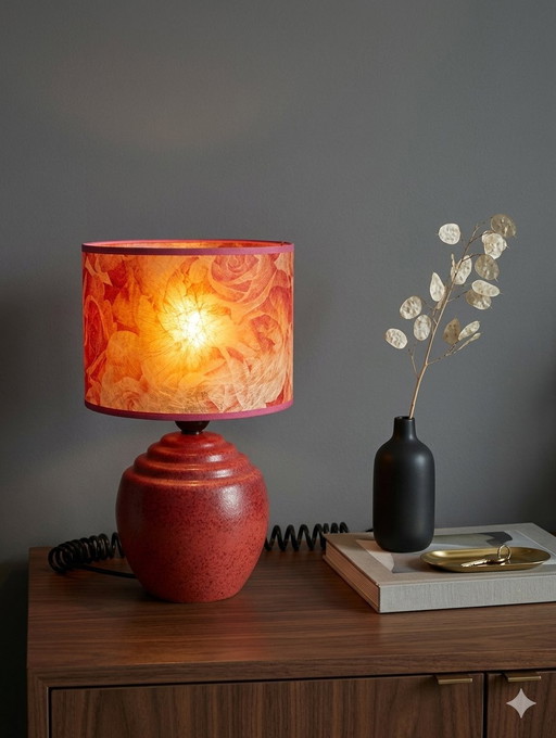 Vintage Brussels porcelain lamp with fiberglass shade, excellent condition, red