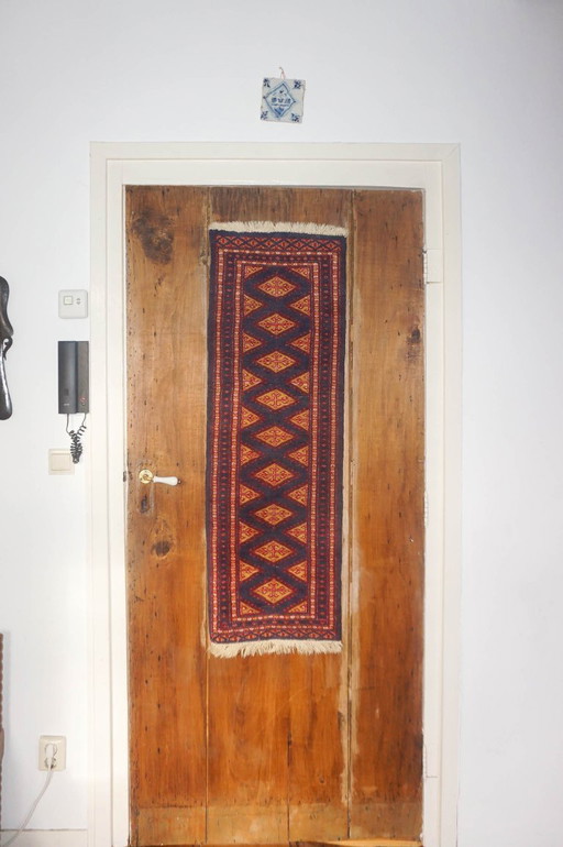 pakistani bokhara runner rug * vintage wool hallway carpet * red blue tribal narrow runner 