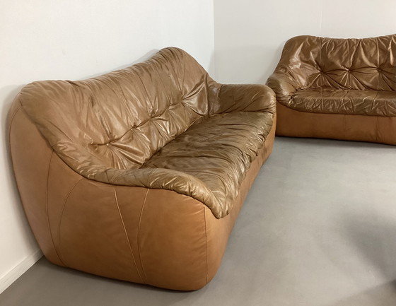 Image 1 of Ensemble de sièges vintage en cuir cognac des années 70, italien et français